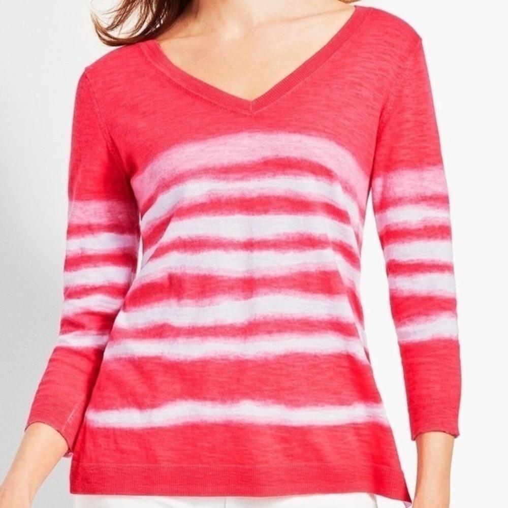 Talbots Women's 3/4 Sleeve Red White Tie Dye Stripe V-Neck Sweater‎ Top Size M